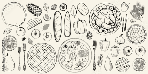 Hand drawn sketch of a thanksgiving feast with roasted chicken pies and fruits