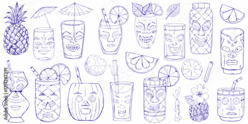 Collection of hand drawn tiki cocktails and tropical fruits in a whimsical sketch style