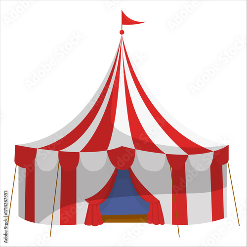 Vector illustration of a red and white striped circus tent with a flag and blue entrance. Ideal for carnival or entertainment themes.