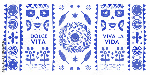 Vibrant blue and white folk art design with floral motifs and inspirational phrases dolce vita viva la vida