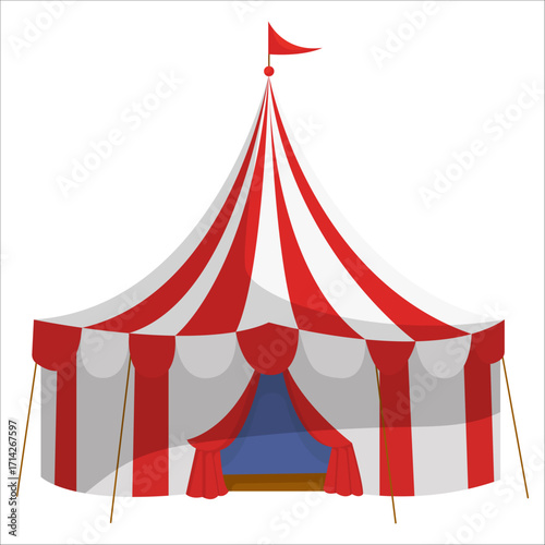 Vector illustration of a red and white striped circus tent with a flag and blue entrance. Ideal for carnival or entertainment themes.