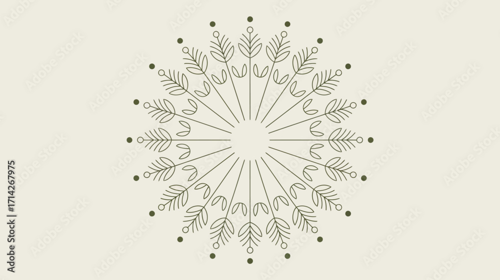 Obraz premium Circular design with radiating lines leaves and dots on a light beige background image art