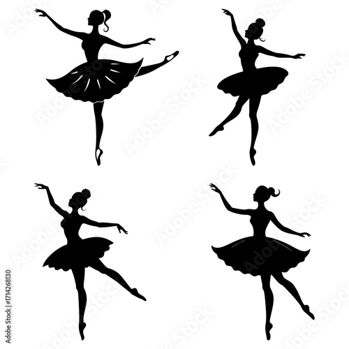 Silhouette of four ballerinas in different poses on a white background in a vector illustration style