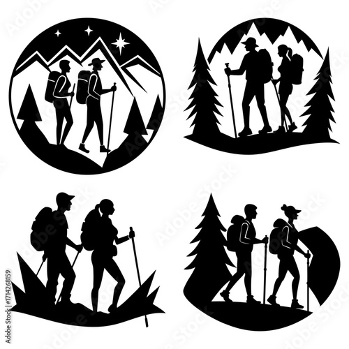 Silhouettes of couples hiking in nature with backpacks and trekking poles in four different scenes
