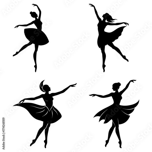 Four ballerina silhouettes in graceful poses against a white background showcasing elegance and movement artfully