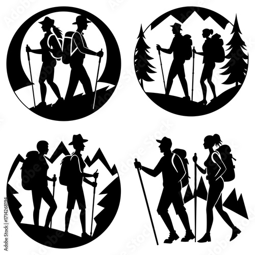 Silhouetted hikers in circular frames with mountains and trees in monochrome illustration art design