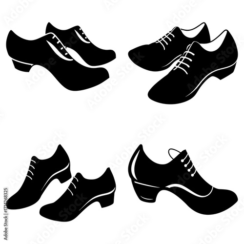 Illustration of four pairs of black tango shoes with laces and heels on a white background design element