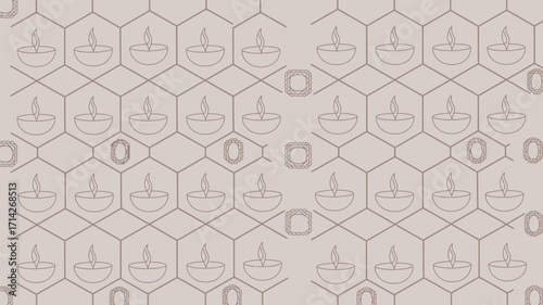 Repeating pattern of lit diya lamps and decorative frames on a hexagonal grid layout design element