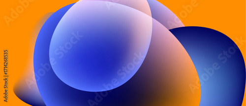 Abstract shapes overlap, creating vibrant color blends. Orange background contrasts with blue, purple hues. Smooth gradients define forms.