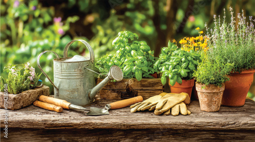 A photograph of gardening tools and plants on an old wooden table, including a watering can, gloves, a trowel, various herbs in pots, and flowers with a green background.