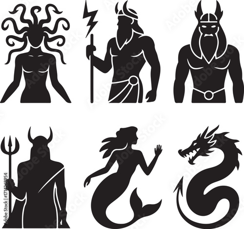 Ancient mythical gods characters icon collection