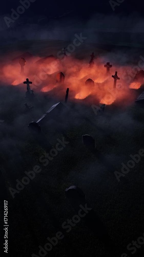 An old, abandoned cemetery with headstones jutting out in all directions and light emanating from the graves, next to ancient ruins. Halloween. 3D rendering.