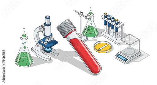 Isometric Illustration of Blood Sample Vial and Laboratory Equipment.