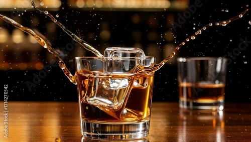 Craft whiskey swirling with ice creates a dynamic splash, perfect for luxury lifestyle advertising or sophisticated drink promotions that capture the essence of premium spirits