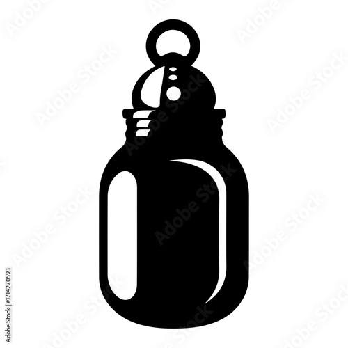 Illustration of a black apothecary jar with a round handle on top and a bulbous stopper design