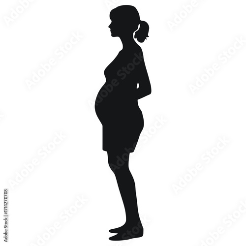 Silhouette illustration of a pregnant woman in a short dress with her hair in a ponytail pose side view