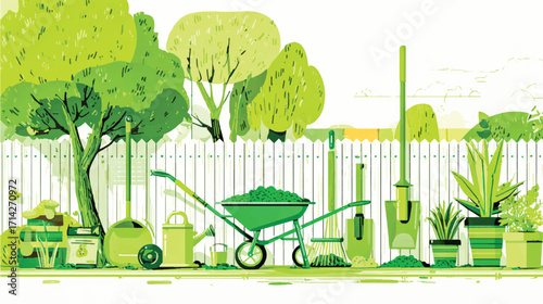 A simple, flat vector illustration of a spring gardening scene, with garden tools like shovels and rakes, a wheelbarrow for moving soil, 