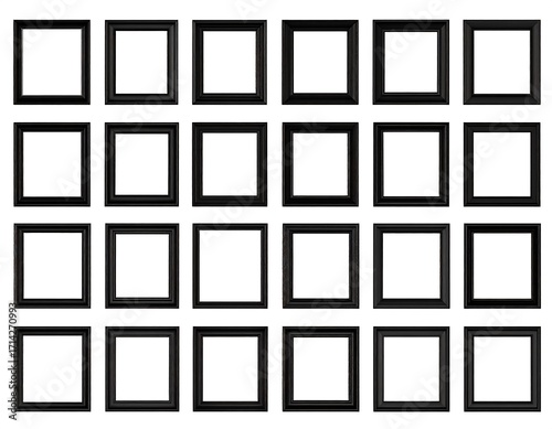 Many black picture frames on white background
