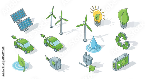 Collection of Isometric Icons Representing Renewable Energy and Eco-Friendly Concepts.