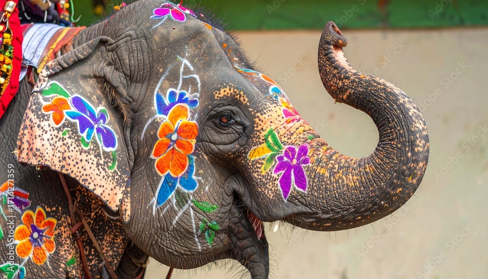 Obraz premium Decorated Elephant with Colorful Flowers in India.