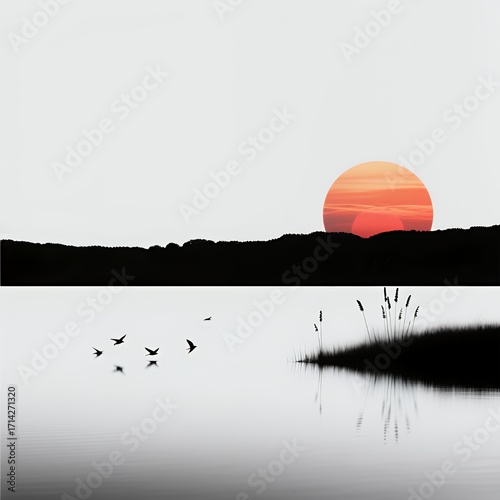 A serene sunset over a calm lake with silhouettes of birds in flight.