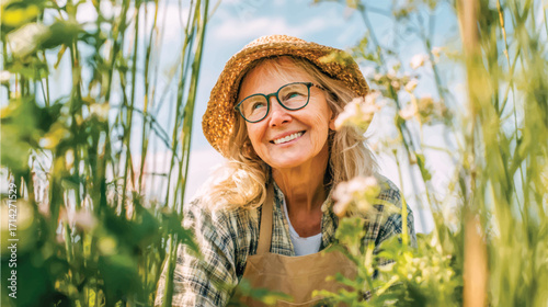 A smiling elderly woman wearing an apron and hat is planting vegetables in her garden on a sunny day. 