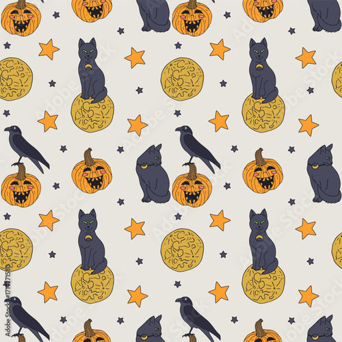 Seamless pattern with cute hand drawn Halloween witchy black cats