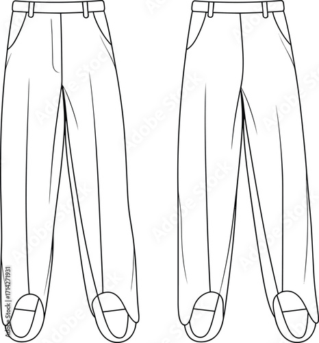 Women's fashion flat technical sketch of stirrup pants with a high waist, front pleats, and side pockets, perfect for design templates.