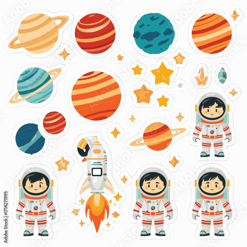 A collection of space-themed stickers in flat vector style with solid colors and white background, featuring planets, stars, and astronauts