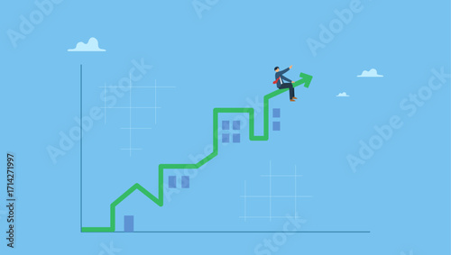 Businessman or real estate agent riding the rising housing graph. Real estate market price rising up chart, homebuyer or property investment, mortgage business.