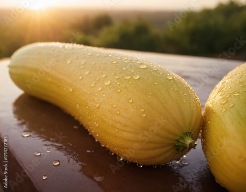 Zucchini squash, vegetable, macro, portrait. Fresh zucchini with water drops. Zucchini with water drops in the backlight of the sun.
