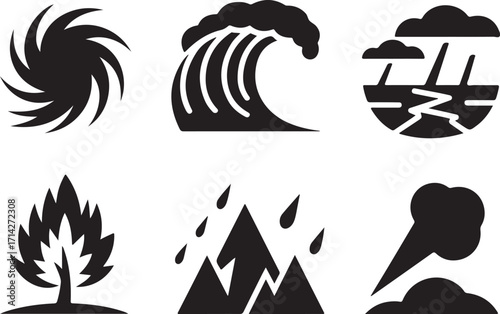 Natural disaster icons in black and white theme