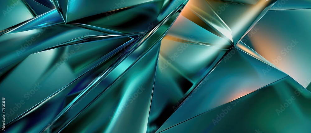 Obraz premium Teal and Blue green 3D Render. metallic glass glossy texture abstract geometric.