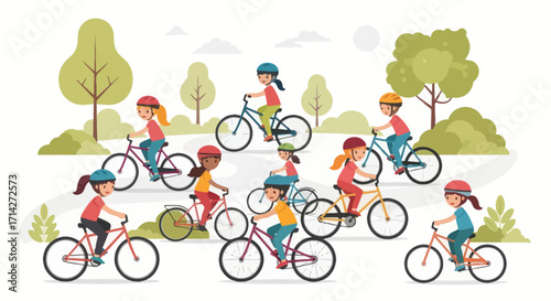 Diverse group of children happily riding bicycles on a sunny day.