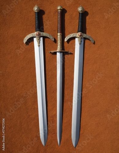 Sword isolated on red background. Blank for design, decoration.