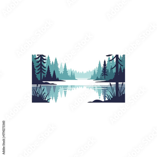 Illustration of a lake surrounded by a forest of evergreen trees.