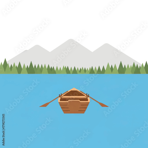 A simple illustration of a wooden rowboat on a lake with mountains in the background.