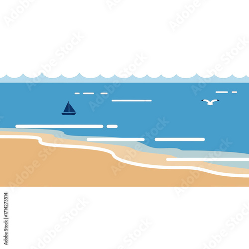 Illustration of a beach with a sailboat and a seagull.
