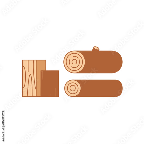 A collection of wooden logs and processed lumber planks shown in a simple illustration style.