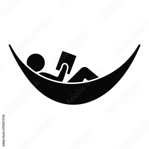 Black and white pictogram illustration of person relaxing reading book in hammock vector silhouette vector illustration white background