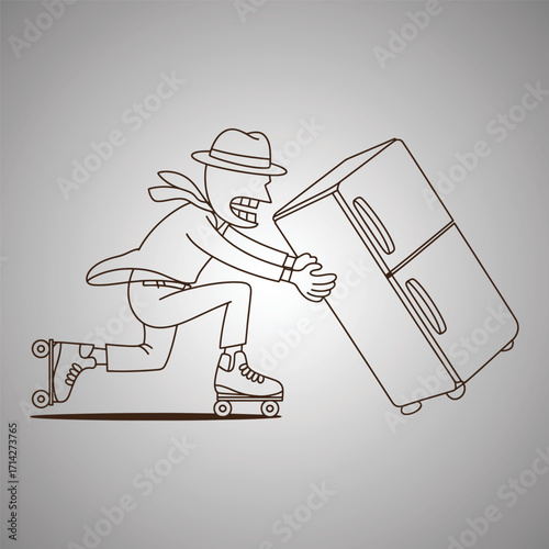 Man in hat on roller skates pushing a refrigerator moving