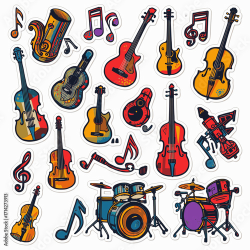 A set of music-themed stickers in vector format with solid colors and white background, showcasing instruments and musical elements
