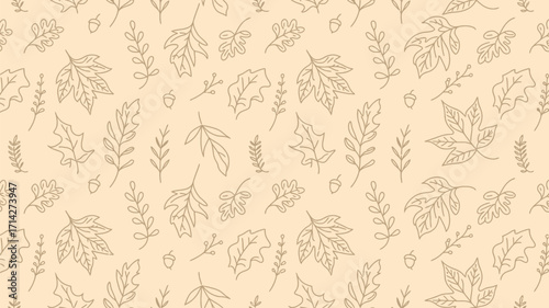 Beige background with a pattern of various leaves and acorns in a simple line drawing style design aesthetic