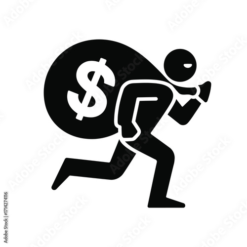 Vector icon of a person running with a money bag symbolizing theft or financial gain silhouette vector illustration white background