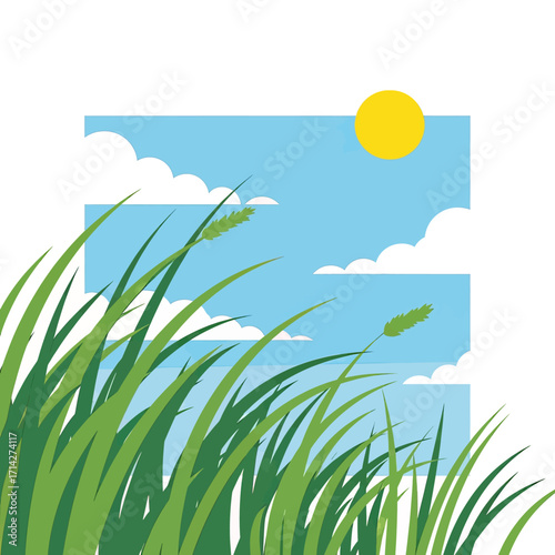 A vector illustration of tall green grass swaying in the wind under a sunny blue sky with clouds.