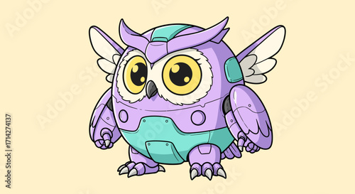 A cute mecha owl character, an adorable robotic creature with large eyes and feathered wings on a light tan background