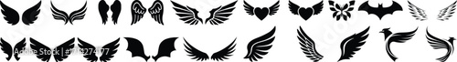 Wings icon, Black wing silhouettes, Angel and bird wings icons, Wings collection in different shapes.Vector angel wings set collection illustration drawing silhouette design graphic element isolated 