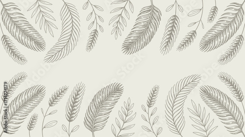 Botanical illustration featuring sketched wheat stalks and fern fronds on a neutral background design element