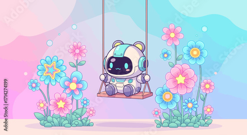 Cute Mecha Character on a Swing Amidst Colorful Flowers in a Whimsical Garden