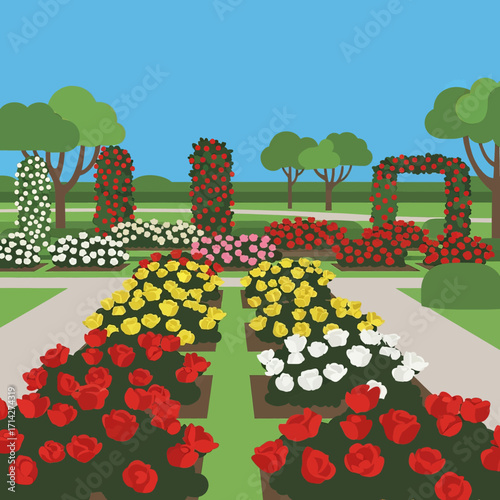 A colorful and well-maintained rose garden featuring various rose bushes, climbing roses on pillars and arches, with green paths and trees under a clear blue sky.